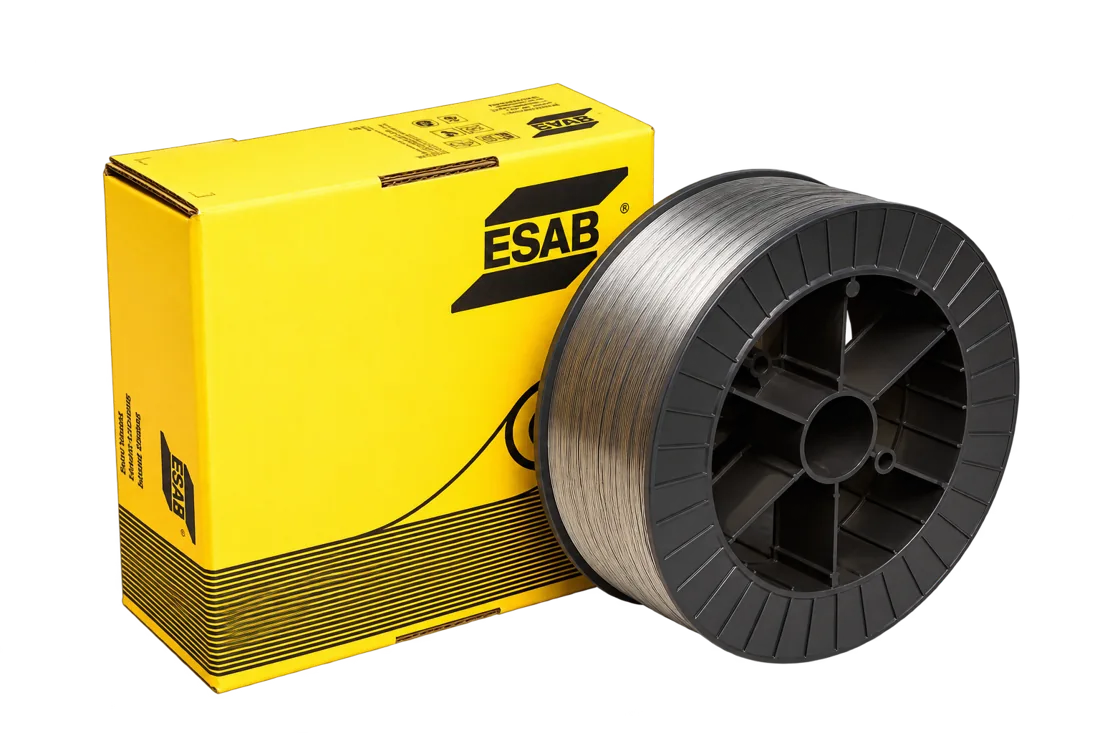 Arame MIG tubular ESAB com embalagem e rolo de soldagem